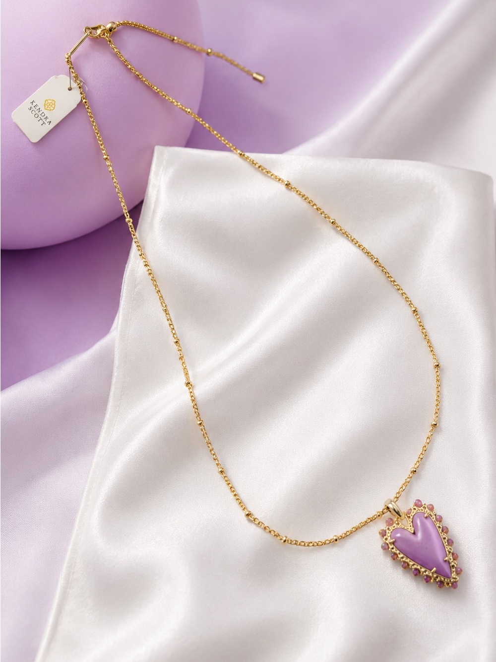 Kendra Scott Beaded Ansley Gold Lilac Phosphate Heart Necklace - Picture 4 of 8